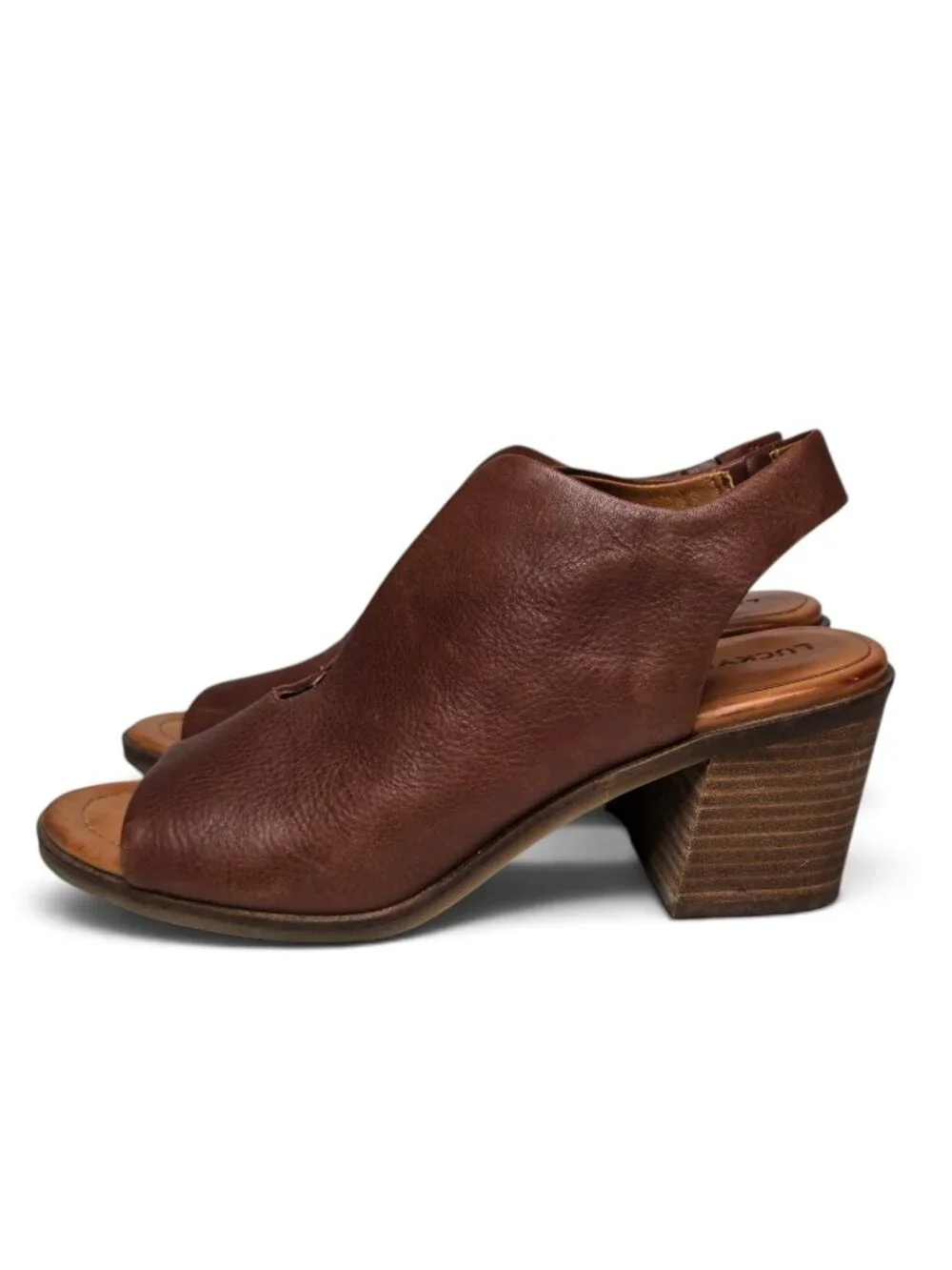 Lucky Brand Rhazy Leather Slingback Heels Pebble Brown Cut Out Front Slit 8.5